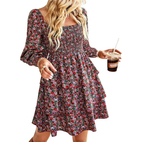 Women's Floral/Swiss Dot Long Sleeve Mini Dress Boho Vacation Wedding - Picture 1 of 5